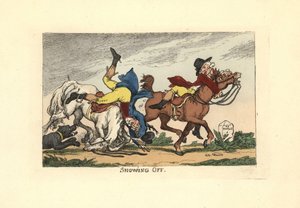 Due uomini che cadono dai loro cavalli dopo aver fatto i gradassi da Thomas Rowlandson