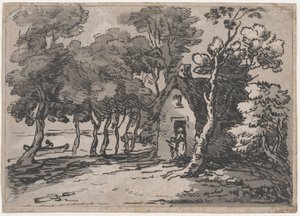 Scena boschiva con figure alla porta di un cottage, 1783-88 da Thomas Rowlandson