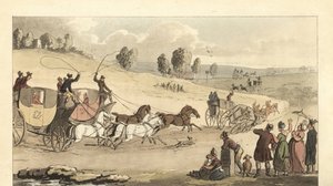 Giovani gentiluomini inglesi che corrono con carrozze a quattro cavalli su una strada da Thomas Rowlandson