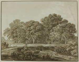 Paesaggio con figura che attraversa un ponte su un ruscello