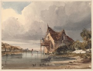 Un fiume e un cottage con staccionata bianca da Thomas Shotter Boys