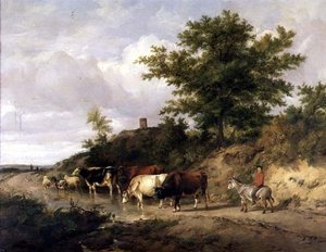 Paesaggio boscoso con un ragazzo su un asino e bestiame a un guado da Thomas Sidney Cooper