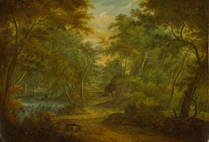 Paesaggio boscoso con un ruscello e un pescatore da Thomas Smith of Derby