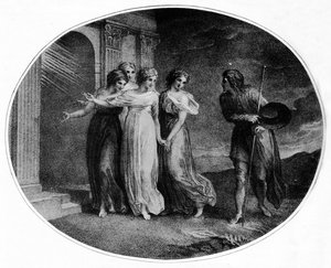 Prudenza, Pietà, Carità e Discrezione invitano Christian nel Palazzo Bello da Thomas Stothard
