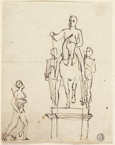 Scultura di Cavaliere Accompagnato da Due Figure in Piedi, con Schizzo di Una di Esse da Thomas Stothard