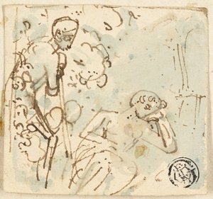 Schizzo di uomo appoggiato a un bastone, che guarda una donna che dorme da Thomas Stothard
