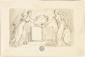 Due figure femminili allegoriche che si stringono la mano davanti a un libro da Thomas Stothard