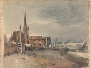 Scena costiera con edifici e barche
