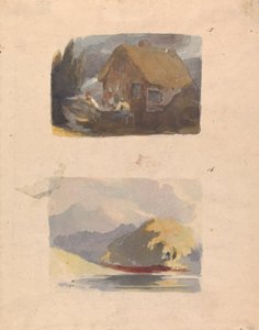 Due disegni su un foglio: Cottage con figure davanti (n. 15); Paesaggio con fiume e montagne - Sole (n. 16) da Thomas Sully