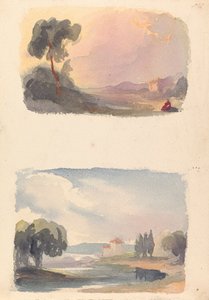 Due disegni su un foglio: Paesaggio con montagne in lontananza e figure sedute in primo piano (n. 1); Paesaggio con fiume e edificio, montagne in lontananza (n. 2)