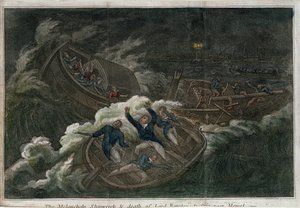 Il naufragio malinconico e la morte di Lord Royston. Litografia (17,5 x 25,8 cm), edizione di Londra (Inghilterra), di Thomas Tegg (1808?). Arte inglese da Thomas Tegg
