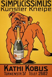 Poster vintage di bulldog che morde una bottiglia di champagne