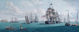 La nave U.S. Franklin, con una vista della baia di New York, 1820 o 1830