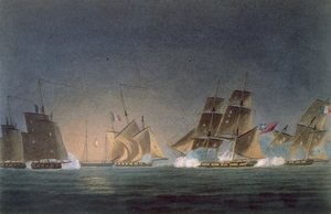 HMS Rinaldo che ingaggia quattro corsari francesi, inciso da J. Bailey per 