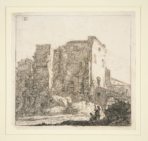 Paesaggio con rovine, con un pescatore