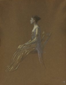 Signora seduta in un vestito giallo da Thomas Wilmer Dewing