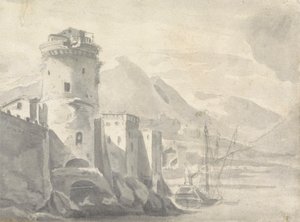 Edifici fortificati che si ergono ripidamente da una riva del fiume (in Italia?) con barca al centro e montagne distanti da Thomas Wyck