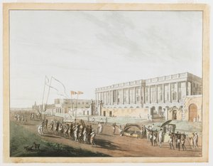 Il nuovo tribunale e Chandpam Ghaut dalle vedute di Calcutta da Thomas und William Daniell