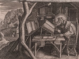 San Evagrio Pontico immerso nei suoi studi, incisione e bulino di Thomas de Lieu (1560-1612) da Thomas de Leu