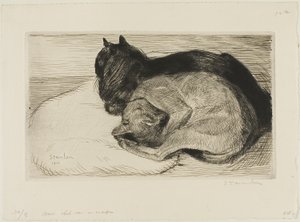 Due gatti su un cuscino da Théophile Alexandre Pierre Steinlen