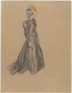 Signora in piedi in completo nero con strascico e cappello di paglia colorato con fiori estivi da Théophile Alexandre Steinlen
