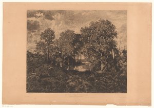 Veduta della foresta di Fontainebleau con una figura vicino a uno stagno da Théophile Chauvel