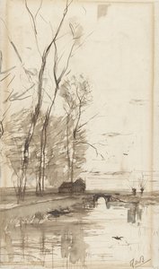 Veduta del canale con alberi alti, una fattoria e un ponte da Théophile de Bock (possibly)