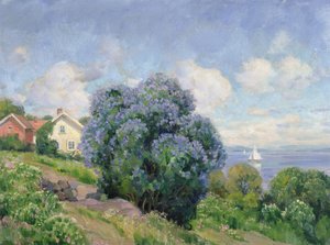 Paesaggio estivo con cespuglio di lillà, casa e barca a vela