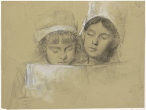 Due ragazze con cappelli bianchi, che leggono un libro da Thérèse Schwartze