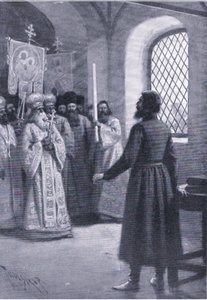 Boris Godunov in ritiro al monastero implorato di accettare la sua elezione a zar, illustrazione da Landmarks in European History pubblicata da Gresham Publishing Co, c.1920 (litografia) da Thure de Thulstrup