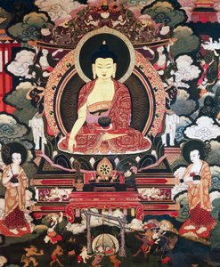Buddha seduto tra i suoi due grandi discepoli Cariputra e Maudgalyayana, scene della vita di Buddha Sakyamuni, civiltà tibetana da Tibetan School