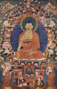 Immagine del tempio tibetano di Buddha in trono, XVIII secolo, riprodotta in The Outline of History: being a plain history of life and mankind di H.G. Wells, Londra da Tibetan School