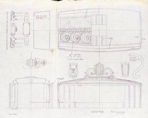 Disegno di design per un centrotavola espositivo di Tiffany & Co. e due candelabri a tre luci, realizzati per la Fiera Mondiale del 1939, c.1939