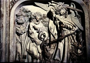Tomba di Enrico II (973-1024) e sua moglie Cunegonda, (dettaglio) della pesatura del cuore di Enrico II alla presenza di San Lorenzo da Tilman Riemenschneider