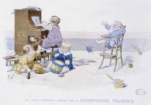 Giochi per bambini: bambini che suonano vari strumenti musicali - dis. di Lobrichon, ed. da Phosphatine Falières, ca. 1920 da Timoleon Marie Lobrichon