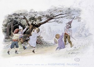 Giochi dei bambini: bambini che giocano alla guerra, soldati - dis. di Lobrichon, ed. da Phosphatine Falières, circa 1920 da Timoleon Marie Lobrichon