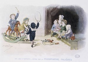 Giochi per bambini: bambini con diversi giocattoli (cerchio, cavallo a dondolo, bambole...) - dis. di Lobrichon, ed. da Phosphatine Falieres, circa 1920 da Timoleon Marie Lobrichon