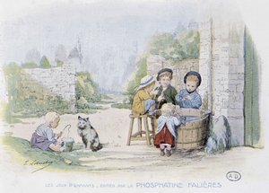 Giochi per bambini: il gioco della pesca in un secchio - dis. di Lobrichon, ed. da Phosphatine Falières, ca. 1920 da Timoleon Marie Lobrichon