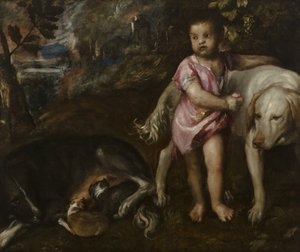 Ragazzo con cani in un paesaggio