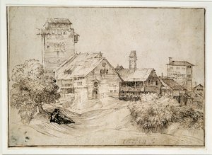 Villaggio alpino e amanti che si abbracciano da Titian (c.1488 1576) (after)