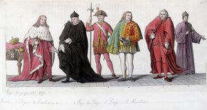 Nobili veneziani (Doge, Paggetto e Senatore). Incisione ispirata a Tiziano Vecellio detto il Tiziano (1485-1576) e replicata nei mosaici della Basilica di San Marco. In “Il costume antico e moderno” 1819-1820, di Jules Ferrario