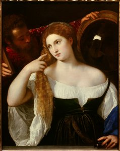 Ritratto di una donna con il suo toilette. Uno specchio dietro riflette la scena. Una serva tiene un altro specchio per lei, si guarda tranquillamente. La giovane donna sarebbe Laura Dianti, amante di Alfonso I d