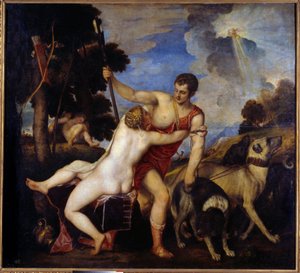 Venere e Adone. Dipinto di Tiziano Vecellio detto il Tiziano (1485-1576)