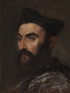 Ritratto di un chierico, busto, in un cappotto blu e cappello nero - un frammento