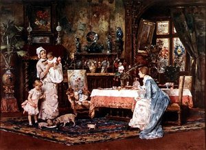 Madre e figlio in un elegante interno da Tito Lessi