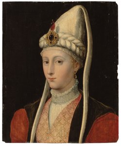 Ritratto di una donna, possibilmente Haseki Hürrem Sultan, chiamata Roxelana, a mezzo busto, in costume ottomano, con un copricapo gioiello da Tiziano Vecelli