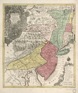 Rilievo mostrato pittoricamente. Copre anche il New England (distorto) e la regione settentrionale della Chesapeake. Titolo in latino; note in tedesco e latino; legenda in latino, tedesco e inglese. Meridiano non identificato. Province indicate da lavaggi  da Tobias Conrad Lotter