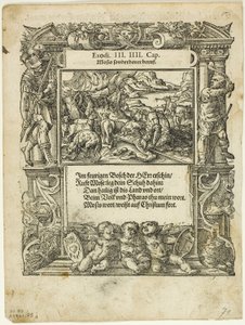 Mosè e il roveto ardente (recto) e Il bambino Mosè messo nel fiume (verso) da Neue künstlerische Figuren biblischer Historien, tavola 55 da xilografie da libri del XVI secolo