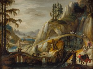 Viaggiatori in un paesaggio alpino da Tobias Verhaecht