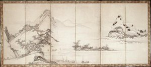 Viaggiatori su un ponte sul lago, c.1700 da Toetsu Toetsu